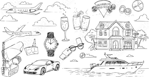 Luxury Lifestyle Hand-Drawn Black and White Line Art Set: Private Jets, Mansion, Yacht, Sports Car, Watch, and Champagne - Symbols of Wealth  Success
