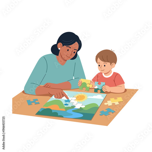 Mother and child playing puzzle game, learning and family time, colorful illustration