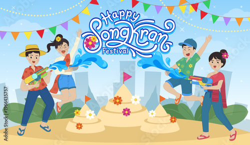 A fun celebration of the Songkran Festival in Thailand with water splashing.
