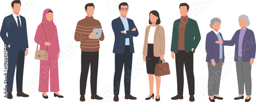 Collection of diverse people of different ages and cultures standing in professional and casual outfits for social community and global business concept flat vector