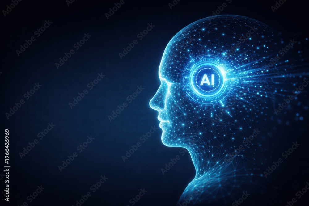 Obraz premium Artificial Intelligence Human Head with Data Flow and Neural Network Visualization