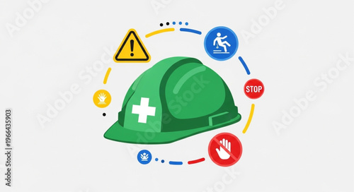 Green Safety Helmet Surrounded by Hazard and Safety Icons.