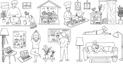 Modern Digital Lifestyle, Health, and Wellness Activities Black and White Hand-Drawn Line Art Illustration Set for Home Office and Self-Care