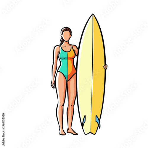 Woman in Swimsuit Holding Yellow Surfboard, Surfing Lifestyle Illustration