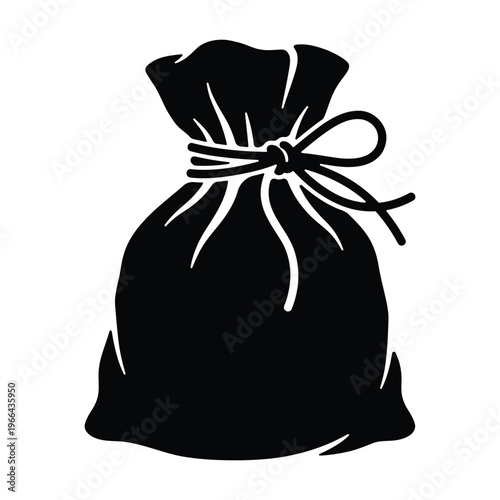 Black sack with tied bag white background silhouette