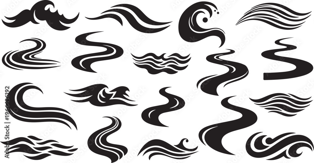 Fototapeta premium Collection of black swirling wave and smoke graphic design elements