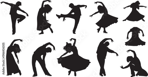 Silhouettes of dancers in various poses and movements