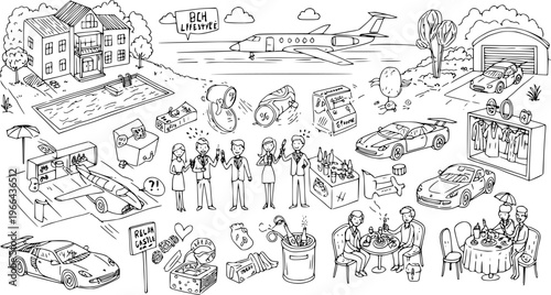 Black and White Line Art Illustration of Luxury Lifestyle Elements - Cars, Mansions, Jets