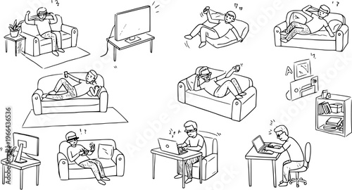 Black and White Line Art Depicting People Enjoying Technology and Entertainment at Home