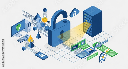 Isometric Cybersecurity Illustration - Unlocked Padlock and Data Flow.