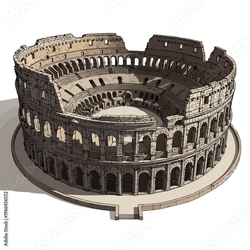 Detailed model of the Colosseum with arches and tiered seating on a circular base against a white background.
