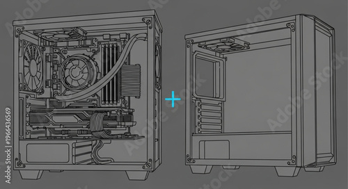 Computer Case Line Art - Detailed PC Build and Empty Enclosure.