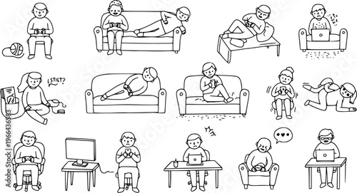 Black and White Line Art Illustrations of People Using Digital Devices and Gadgets