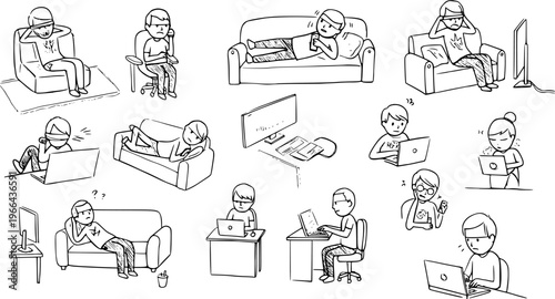 Black and White Line Art of People Using Laptops and Devices, Technology Lifestyle