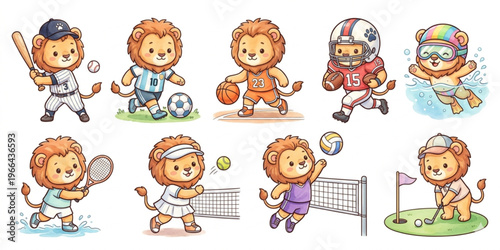 Set of funny cartoon cute Lion Cub animals in playful sports vector style featuring smiling characters for kids toy illustration collection