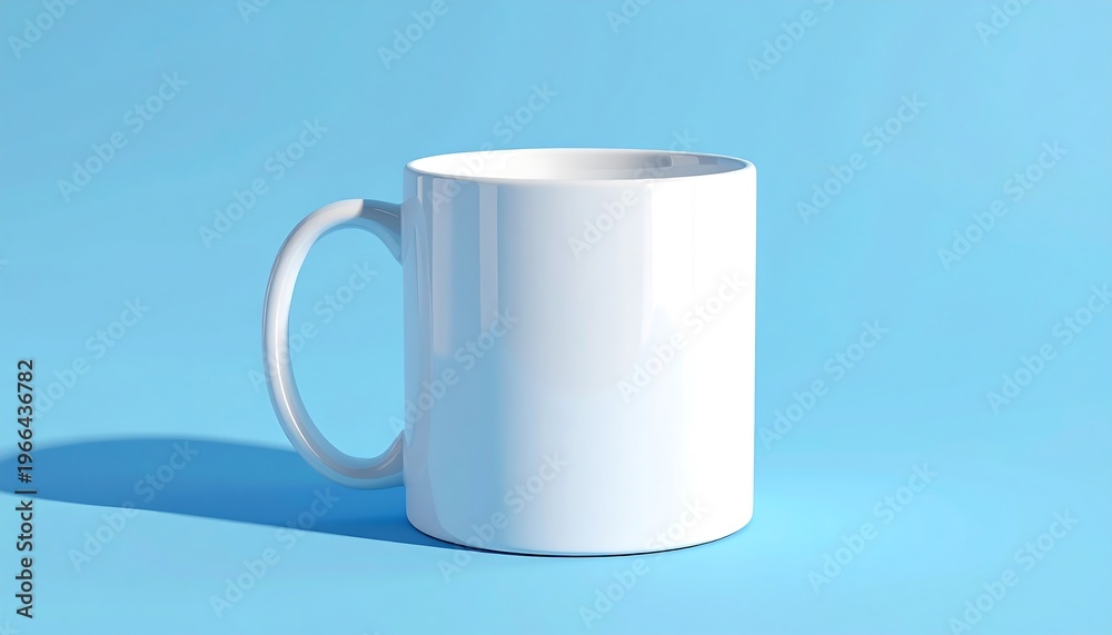 Fototapeta premium Blank white mug on light blue background, perfect for mockup and presentation