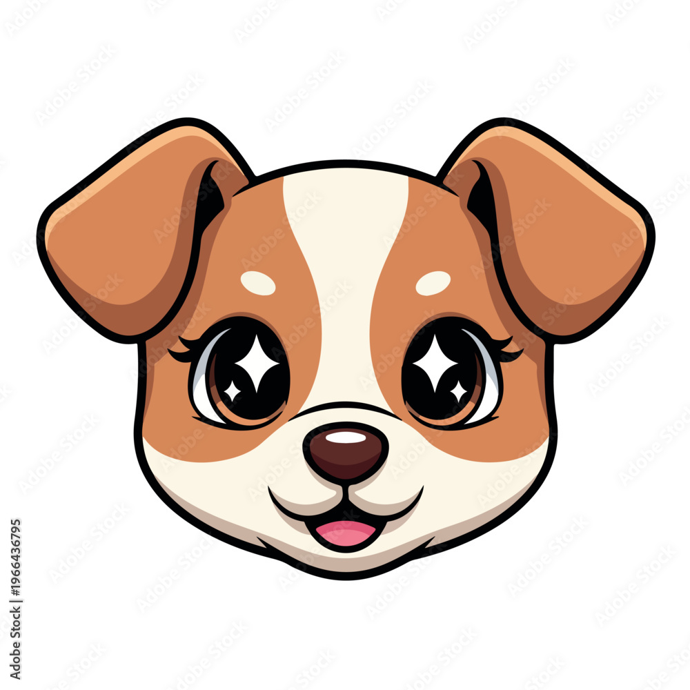 Fototapeta premium Cartoon illustration of a cute dog's face with big eyes and a cheerful expression against a clean white background.