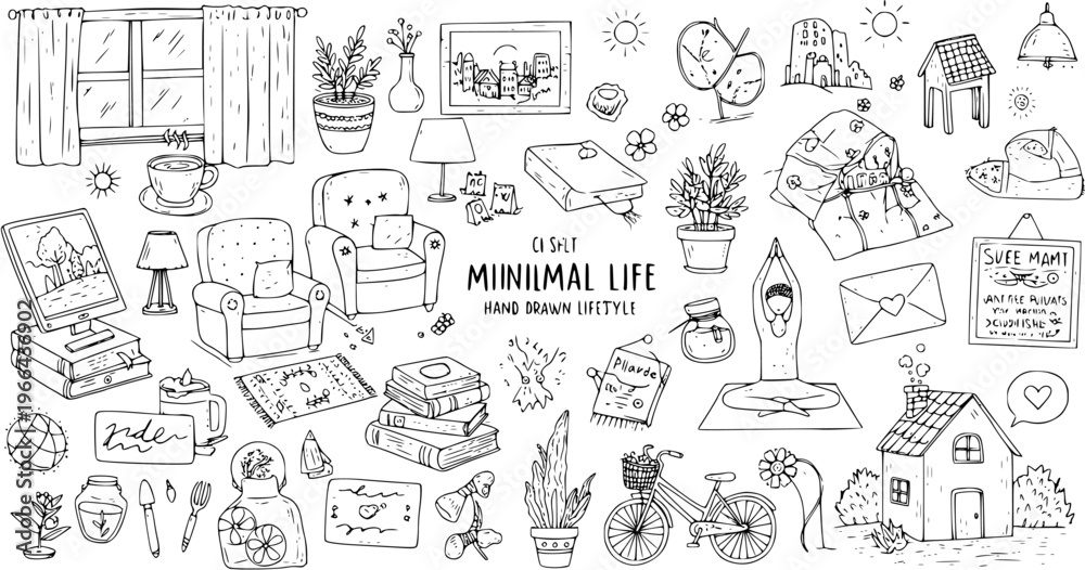 Obraz premium Minimalist Hand-Drawn Lifestyle Vector Icons: Home, Yoga, Nature, and Comfort