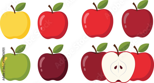 Apple vector illustration collection. Multiple apple varieties in different colors with whole and sliced forms. Flat style fruit elements for healthy food and grocery design.