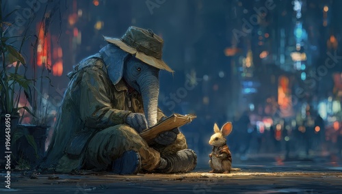 Elephant character in a hat reading a book while sitting on the ground next to a small mouse in a jacket, illuminated by colorful city lights at night