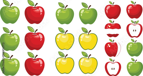Apple vector illustration set. Red, green and yellow apples with sliced and stacked variations in flat style. Fresh fruit elements for healthy food and grocery design.