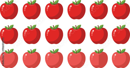 Red apple vector set with color variations. Multiple apples in different shades from light to dark in flat style. Fresh fruit elements for food and design use.