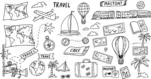 Black and White Line Art Doodle of Travel Icons - Airplane, Hot Air Balloon, Suitcase, Passport
