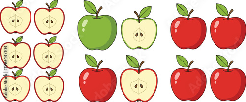 Apple vector illustration collection. Red and green apples with halves and sliced pieces in flat style. Fresh fruit elements for healthy food and grocery design.