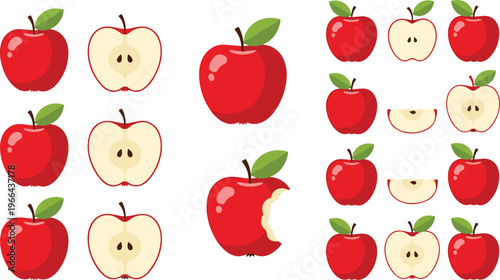 Apple vector illustration collection. Red apples with whole, sliced and bitten variations in flat style. Fresh fruit elements for healthy food and grocery design.
