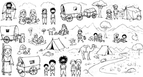 Black and White Line Art Illustration of Nomadic Desert Life. Cultural and Historical Travel Scenes with People, Tents, Wagons, and Camels for Education.
