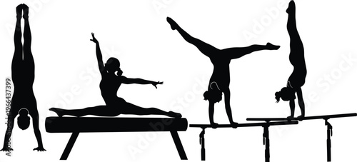 Black silhouette of female gymnasts performing on balance beam and parallel bars for sports competition, athletic training, and gymnastics concept.