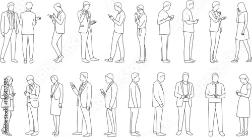 Business people line art set, professional men and women using smartphones, corporate characters outline illustration for office communication, technology, and workplace scenarios