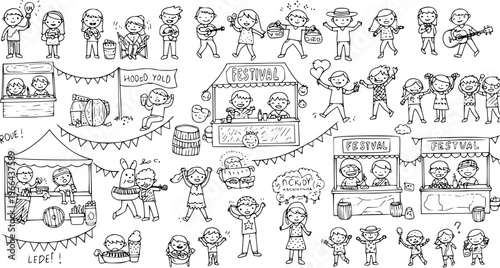 Black and White Line Art of Happy People at a Festive Fair or Carnival with Food Stalls