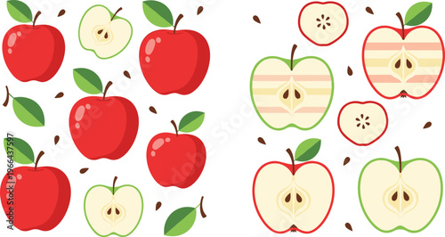 Apple vector set with whole and sliced variations showing seeds. Fresh red and green fruit illustrations with leaves in flat style. Perfect for food design, packaging, and educational visuals.