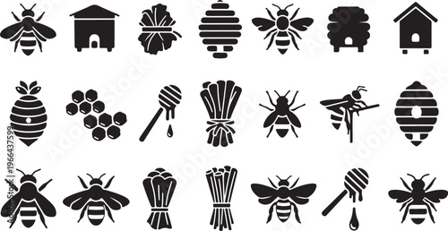 Bee icons and honeycomb illustrations in black and white