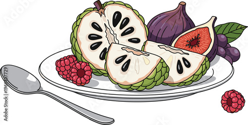 Cherimoya Fruit Plate Vector Illustration with Sliced Custard Apple, Fig, Raspberries, and Grapes on White Dish with Spoon, Healthy Exotic Fruit Design for Food, Dessert, and Nutrition Projects