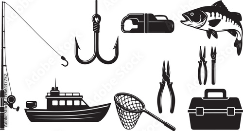Fishing icons and equipment on white background
