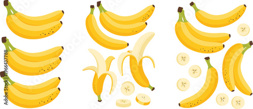 Banana vector set with bunches peeled and sliced variations. Fresh tropical fruit illustrations in flat style. Perfect for food design, grocery, packaging, and healthy lifestyle concepts.