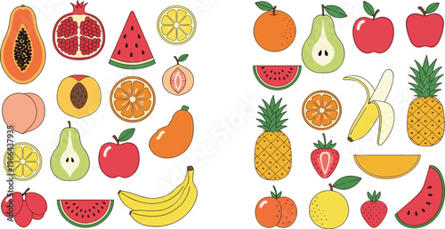 Mixed fruit vector set with tropical and fresh varieties. Colorful flat illustrations including pineapple banana watermelon apple and more. Ideal for food design, grocery,  healthy lifestyle concepts.