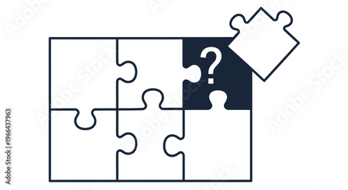 A partially completed jigsaw puzzle with a missing piece and a question mark