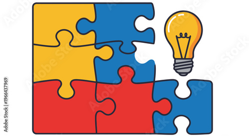 Colorful puzzle pieces connect with a bright lightbulb symbolizing innovation