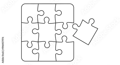 A partially completed jigsaw puzzle with one piece missing depicted in black lines