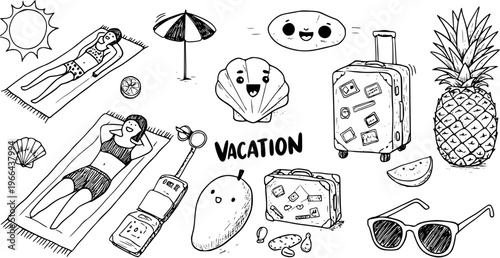 Black and White Line Art Vacation Elements Set. Hand-Drawn Outline Doodles of Summer Travel Objects: Sun, Beach Umbrella, Sunbathers, Luggage, Pineapple, Mango, and Sunglasses.