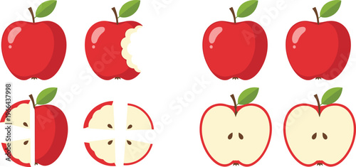 Apple vector set with whole bitten and sliced variations. Fresh red fruit illustrations in flat style. Ideal for food design, grocery, packaging, and healthy lifestyle visuals.