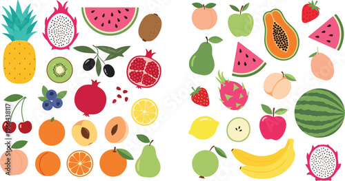 fruit vector set with tropical and fresh varieties. Bright flat illustrations including watermelon pineapple dragon fruit and more. Ideal for food design, grocery, and healthy lifestyle concepts.
