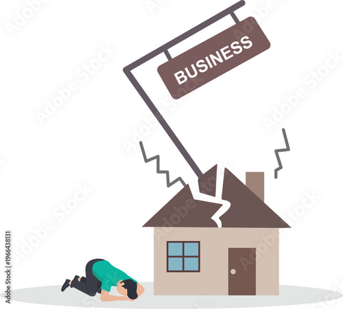Financial Crisis and Bankruptcy Concept with Cracked Business Building and Desperate Man