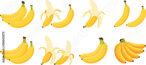 Banana fruit vector set collection. Ripe and peeled banana bunch variations in flat style. Fresh tropical fruit elements for healthy food design and grocery illustrations.