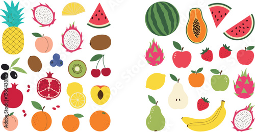 Colorful fruit vector set collection. Fresh tropical and citrus fruits icons including watermelon pineapple banana apple and papaya. Flat design elements for healthy food and market graphics.