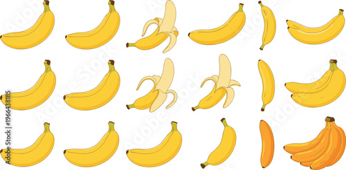 Banana vector set with whole and peeled variations. Fresh tropical fruit illustrations in flat style. Perfect for food design, packaging, grocery, and healthy lifestyle projects.