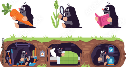 Cute Mole Vector Set with Cartoon Moles Eating, Reading, Exploring, Sleeping, and Working Underground in Burrows for Kids, Animal, and Educational Illustrations